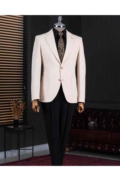 TerziAdemAltun Italian Style Slim Fit Mono Collar Men's Single Jacket Beige T...