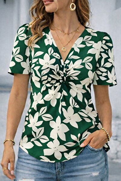 DRESSIFY WOMEN’S FASHION Γυναικεία κοντομάνικη μπλούζα με λαιμόκοψη V και φλο...