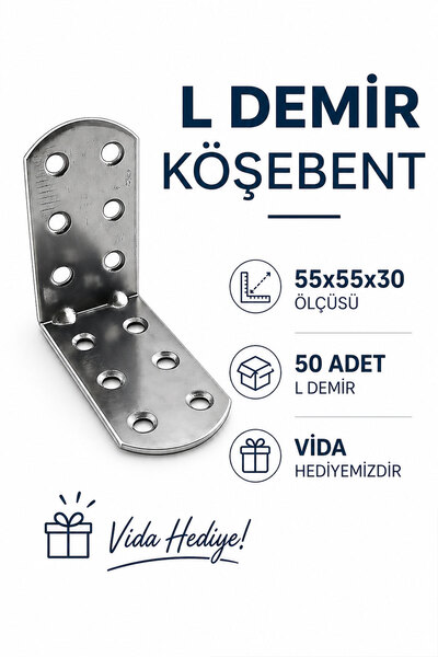 Badem10 Oval Başlı L Demir Gönye 30x55x55 mm 50 Adet Set Vida Dahil Dayanıklı...