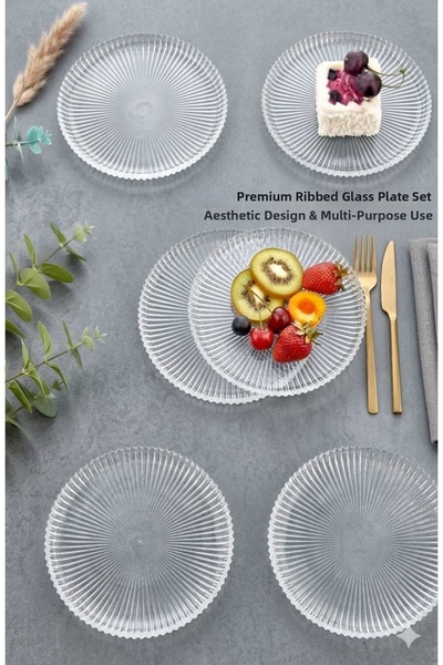 Funny Life 6-Person Premium Ribbed Glass Plate Set - Aesthetic Presentation a...