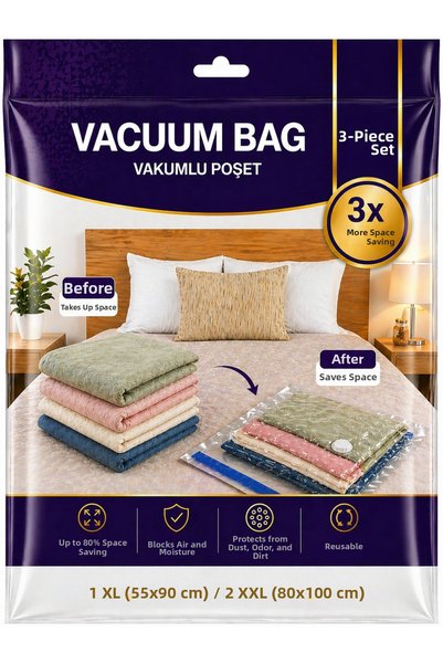 SHARI Vacuum Storage Bag Set of 3 – 1 Xlarge (55X90 cm) + 2 XXL (80X100 cm) V...