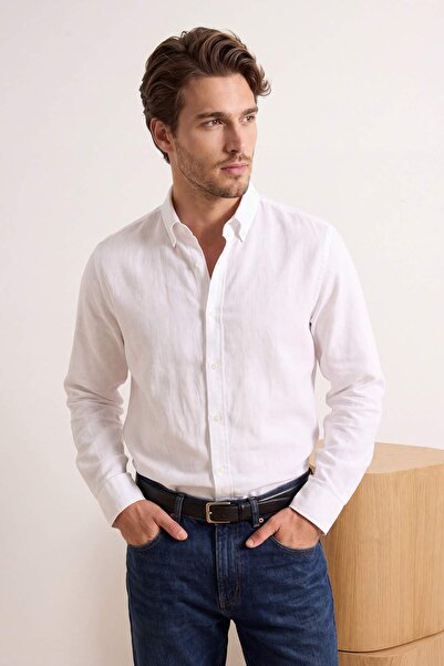 Trendyol Kollektion Weißes Herrenhemd aus 100 % Leinen, normal geschnitten, T...