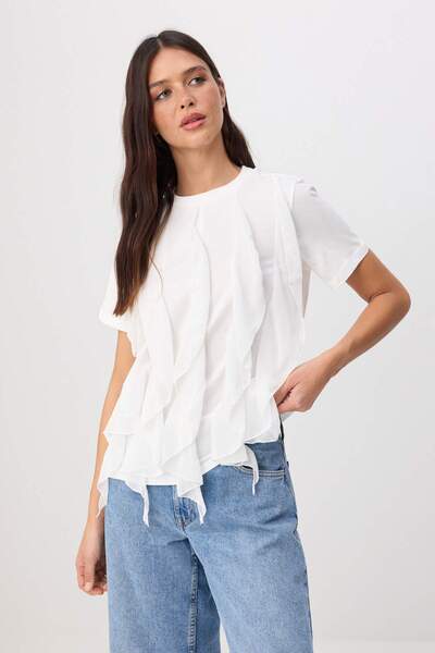 Trendyol Collection Tricou tricotat 100% bumbac, ecru, simplu, cu gât rotund,...