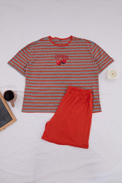 Trendyol Curve Πορτοκαλί-Πολύχρωμο Σετ Πιτζάμες Πλεκτό με Ρίγες και Στάμπα Κε...