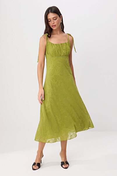 Συλλογή Trendyol Πλεκτό φόρεμα με λουράκια σε γραμμή Α, πράσινο λαδί, αμάνικο...