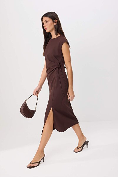 Συλλογή Trendyol Καφέ ίσιο υφαντό φόρεμα μίντι TWOSS26EL00081