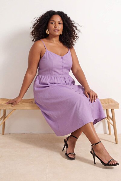 Trendyol Curve Λιλά Φλαμέντο Βαμβακερό Υφαντό Φόρεμα Μεγάλου Μεγέθους TBBSS26...