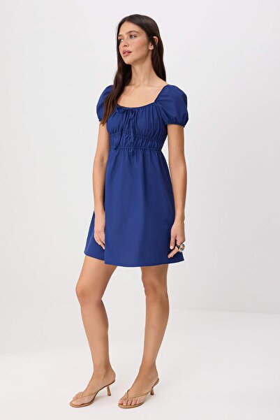 Συλλογή Trendyol Μπλε ναυτικό κοντομάνικο μίνι υφαντό φόρεμα TWOSS26EL00818