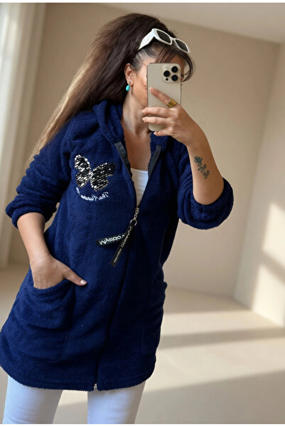 AZRA BUTİK Μπουφάν με παγιέτες πεταλούδα βελούδινο μπλε ναυτικό