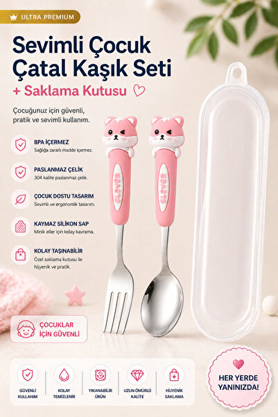 jojobebek Pembe Renk Figürlü Premium Çocuk BPA Free Paslanmaz Çelik Uçlu Çata...