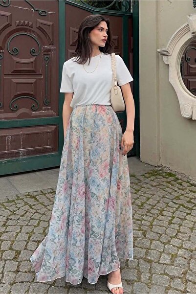 Madmext Εκρού φλοράλ μοτίβο vintage σιφόν μάξι φούστα MG2776