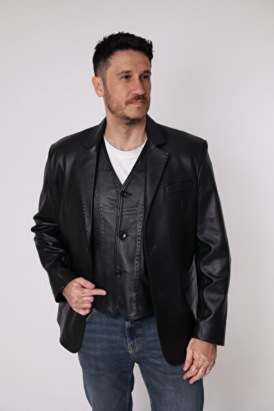 Antilop Deri Hakiki Deri Siyah Punto Dikişli Deri Blazer Model Deri Ceket