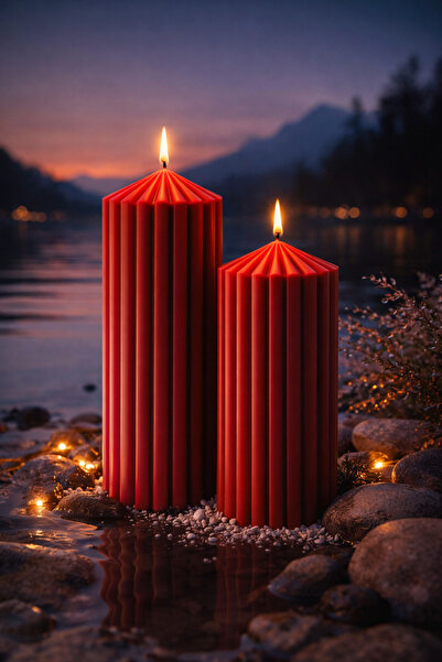 Lúmea Candle Lúmea Kırmızı Silindir Mum Seti – Dekoratif 2’li Kabartmalı Tasarım