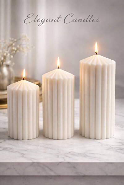 Lúmea Candle Kabartmalı Soya Mum Seti – Dekoratif 3’lü Ribbed Tasarım Beyaz Mum