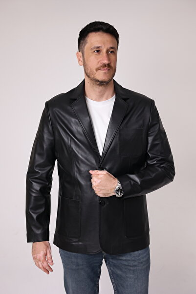 Antilop Deri Siyah Blazer Model Hakiki Deri Mont Cep Detaylı Deri Ceket