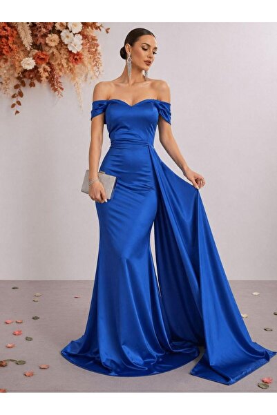 Modafeminen Σατέν υφασμάτινο φόρεμα μάξι με ανοιχτούς ώμους 582441 μπλε κοβαλ...