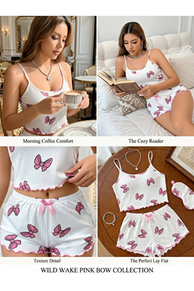 Wild Wake Tatlı Rüyalar Pijama Takımı: Fiyonk Desenli ve Fırfırlı Şortlu Set