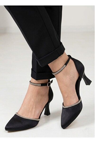 Catelyn Γυναικεία Μαύρα Σατέν Πέτρινα Παπούτσια με Λουράκι στον Αστράγαλο και...