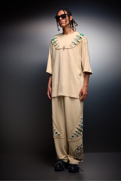 Slatra Pantaloni de trening largi, bej, cu imprimeu cu efect de spate, pentru...