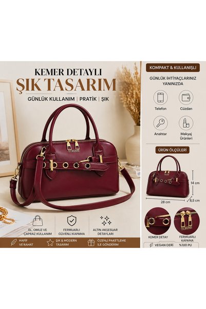 torime Burgundy Belt Detailed Vegan Leather Women's Crossbody Bag – Elegant & Versatile