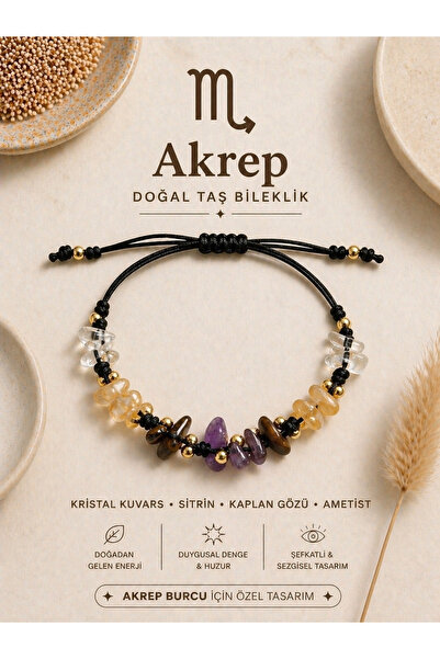 Femenino Akrep Burcu Gerçek Doğal Taş Örme Bileklik - Sitrin, Ametist, Krista...