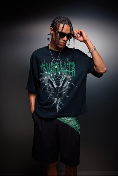 Slatra Tricou negru pentru bărbați, cu imprimeu în relief Thriller, cu croial...