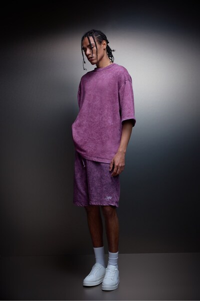 Slatra Tricou pentru bărbați Plum supradimensionat Washed Effect basic