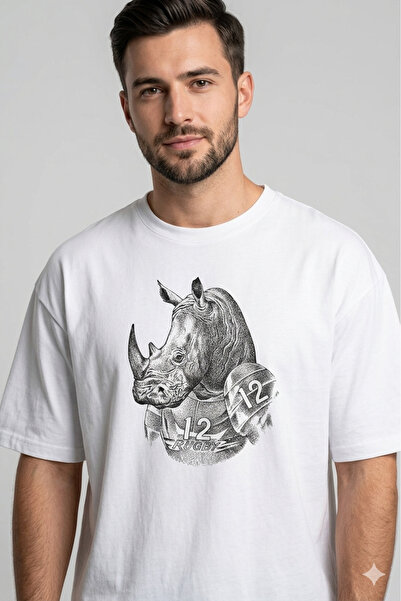 Justime Design Rhino Linear Front Print Oversize Cotton Crew Neck Unisex T-Shirt