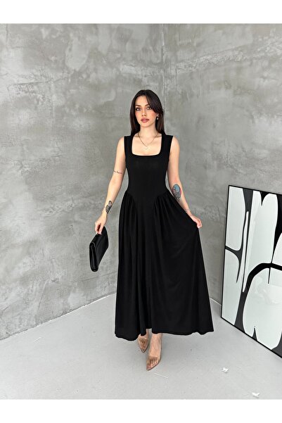 Noi Belis Πλεκτό φόρεμα με τετράγωνο γιακά, μάξι μήκος και λεπτομέρεια βολάν ...