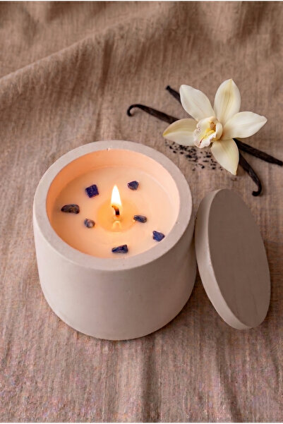 Kapaklı Bardak Beyaz Beton Saksılı Mum 230 ml | Vanilya | Soya Wax + Balmumu | Beyaz