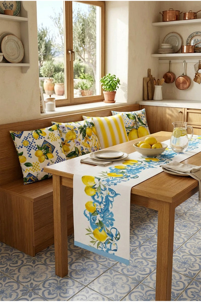 Bebişim Halı Akdeniz Limon Desenli Seramik Motif Runner ve 4’lü Kırlent Seti