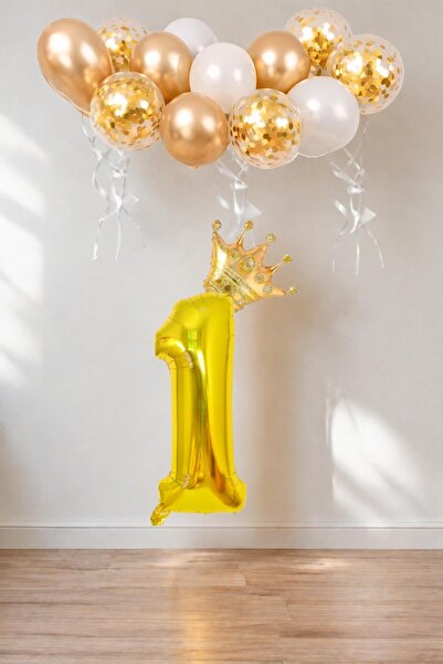 Patladı Gitti 1 Rakam Gold Folyo Balon, Kral Tacı Ve Konfetili Gold Balon
