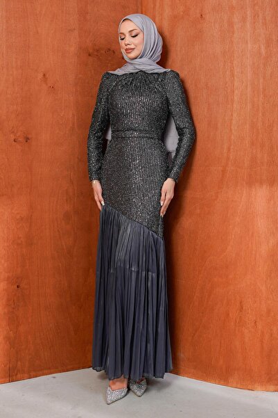 İmajButik Smoked Sequined Skirt Pleated Evening Dress