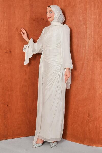 İmajButik Ecru Front Gathered Chiffon Evening Dress