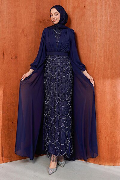 İmajButik Βραδινό φόρεμα σιφόν με χάντρες Navy Blue