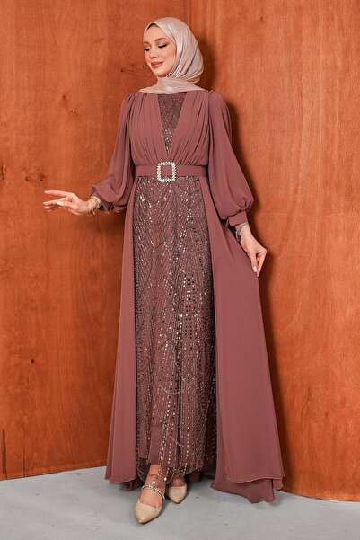İmajButik Rochie de seara din sifon cu margele din nurca inchisa
