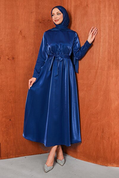 İmajButik Navy Blue Waist Elastic Satin Belted Evening Dress
