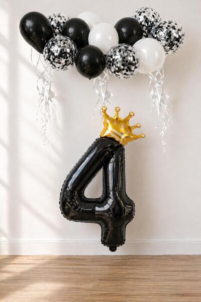 Patladı Gitti 4 Number Black Foil Balloon, King's Crown and Black Balloon Set...