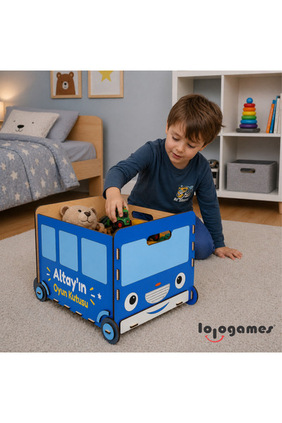 lologames Ahşap Kişiye Özel Çocuklar İçin Oyun Kutusu (Mavi Renk)
