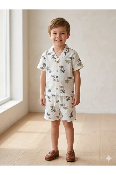 Motebarn Wear Boy's Animal Patterned Woven Shirt-Shorts Suit White