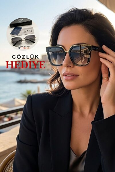 Lozzo Kadın UV400 Siyah Gold Aksesuar Oversize Güneş Gözlüğü 23016 C2
