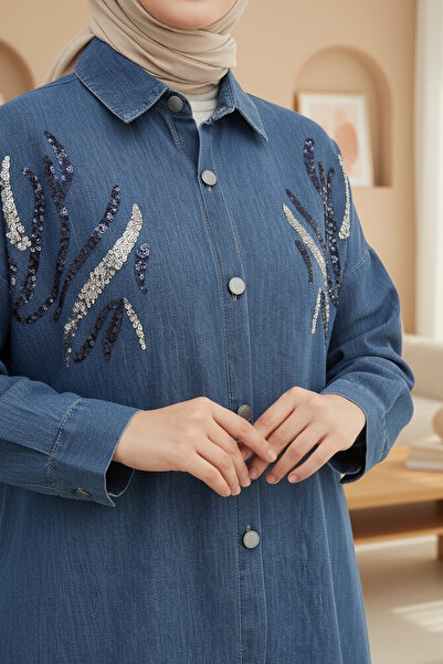 Modamorfo Φαρδύ τζιν πουκάμισο με μεταλλικά κουμπιά και παγιέτες - ινδιγκό