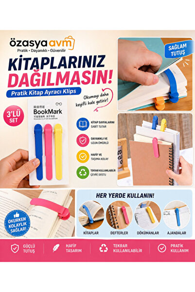 Özasya AVM 3’lü Otomatik Kitap Ayıracı – Akıllı Silikon Yer İmi Klips Seti, O...