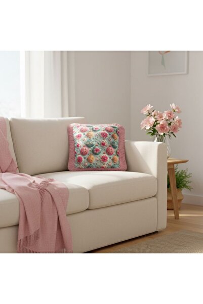 MAİSON ALİSA Saçaklı Pembe Yılbaşı Topu Kırlent Kılıfı 40*40 cm 3D Efekt Nakı...