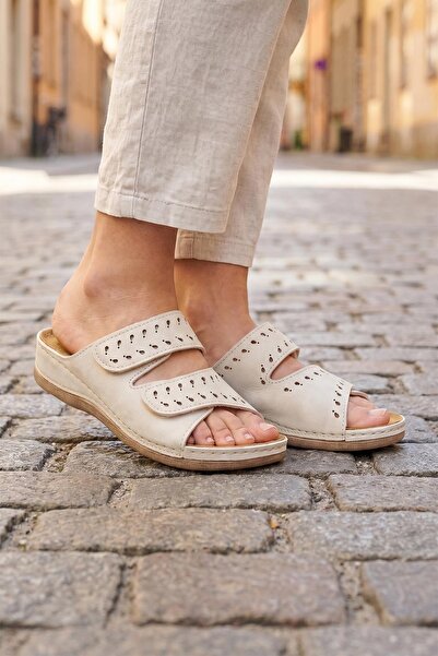 GEZER Γυναικεία καλοκαιρινή σόλα H Γνήσιο Δέρμα με ρυθμιζόμενο Velcro άνετη σ...