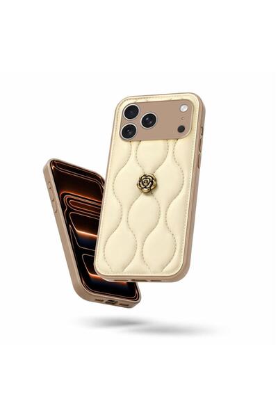 Zebana Apple iPhone 17 Pro Max Uyumlu Kılıf Camellia Deri Kılıf Bej