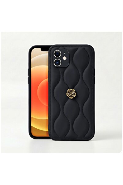 Pro Aksesuar Apple iPhone 12 Uyumlu Kılıf Çiçekli Dalgalı Deri Kılıf Siyah