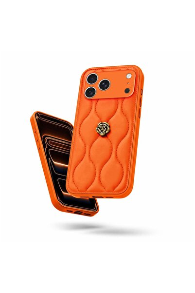 Pro Aksesuar Apple iPhone 17 Pro Max Uyumlu Kılıf Çiçekli Dalgalı Deri Kılıf Turuncu
