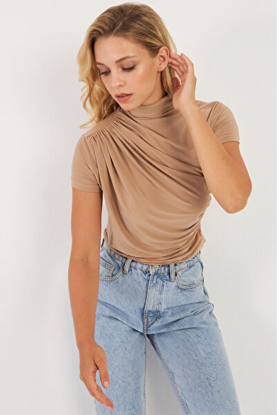 NEW JOURNAL Γυναικεία Μπλούζα με κορδόνια σε χρώμα Milk Coffee APP1287