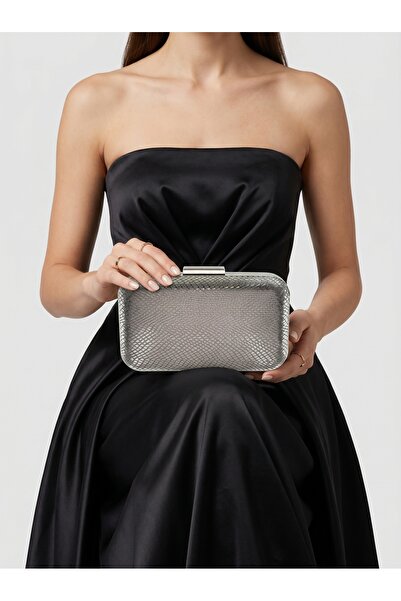 Biçanta Ανθρακί γκρι πλατίνα χρώματος λέιζερ μοτίβο φιδιού βραδινό φόρεμα τσά...